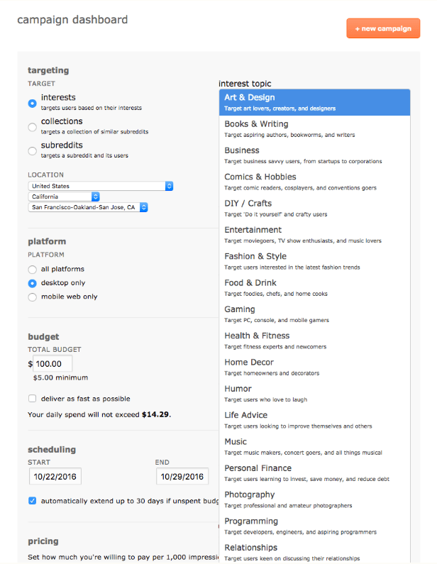 Această imagine arată specialiștilor în marketing cum să configureze direcționarea și programarea campaniei cu anunțuri Reddit.