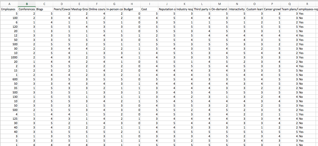 Această imagine arată specialiștilor în marketing cum sunt compilate datele în foi de calcul după ce pun întrebări deschise despre persoane.