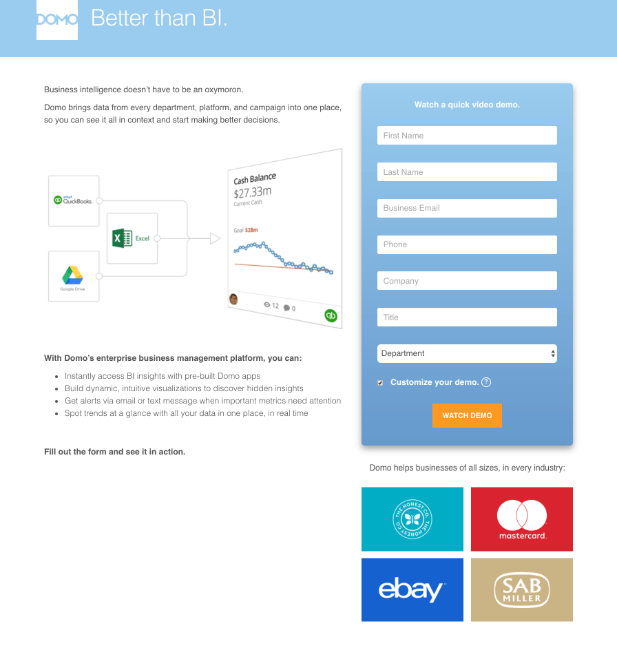 Gambar ini menunjukkan kepada pemasar bagaimana Domo menggunakan halaman arahan pasca-klik pemasaran dengan Google Ads untuk menghasilkan prospek untuk demo produknya.