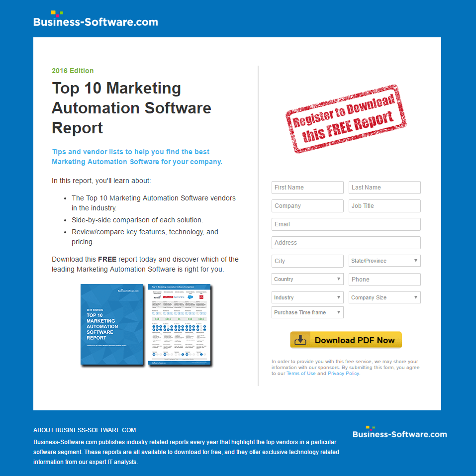Gambar ini menunjukkan kepada pemasar bagaimana Business-Software.com menggunakan halaman arahan pasca-klik pemasaran untuk menghasilkan prospek dari unduhan laporan gratis.