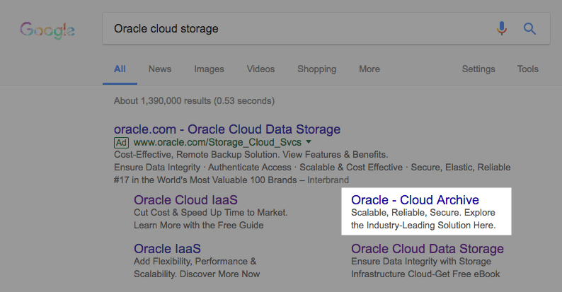 Tautan judul ekstensi Google Ads laman landas pasca-klik Oracle