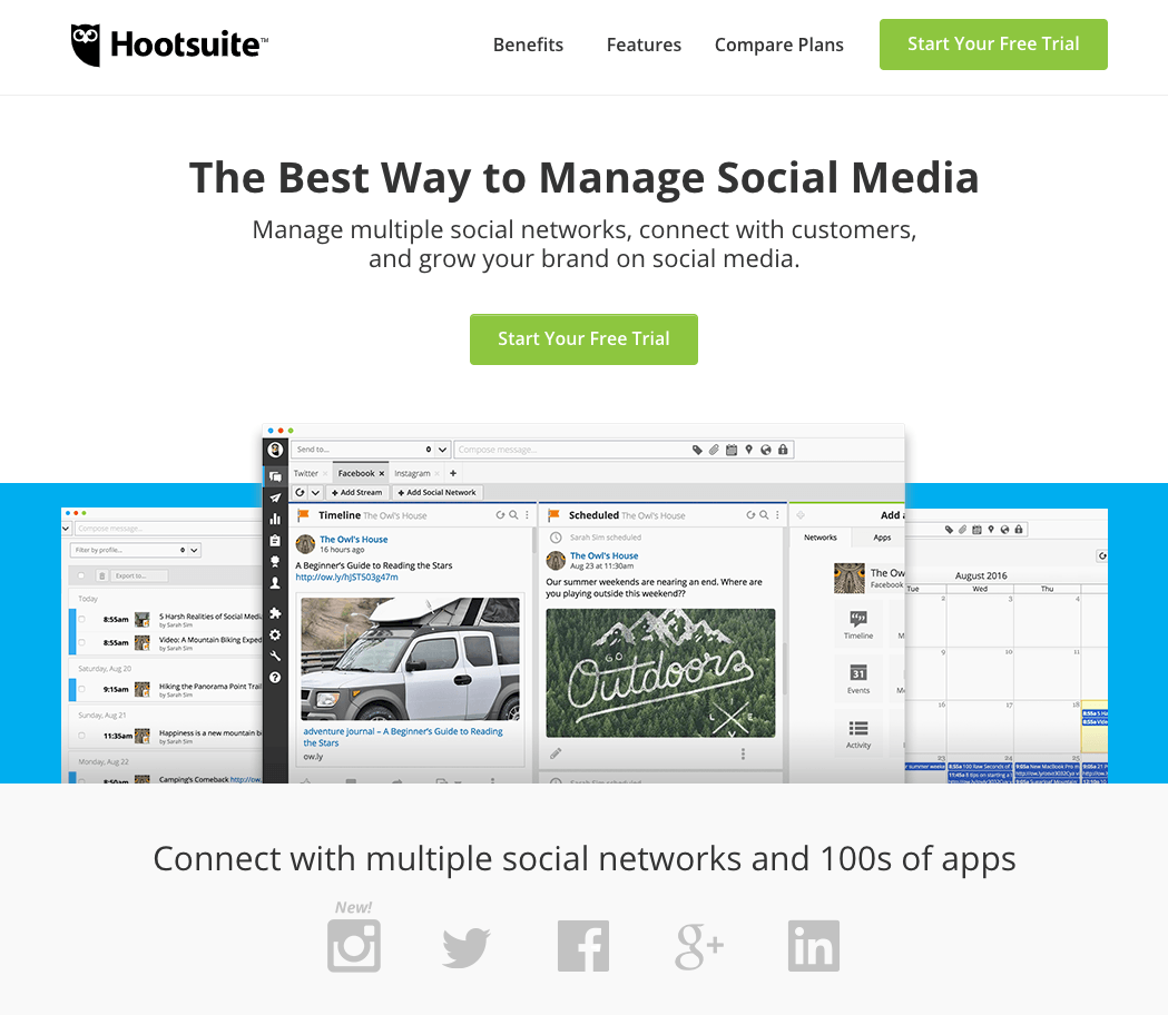 หน้า Landing Page หลังคลิกทดลองใช้ฟรี Hootsuite