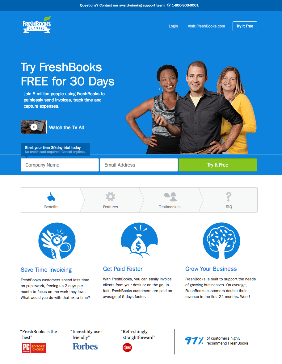 หน้า Landing Page แบบทดลองใช้ฟรีหลังจากคลิก FreshBooks