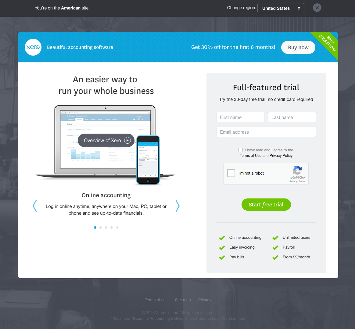 หน้า Landing Page หลังคลิกทดลองใช้ฟรี Xero