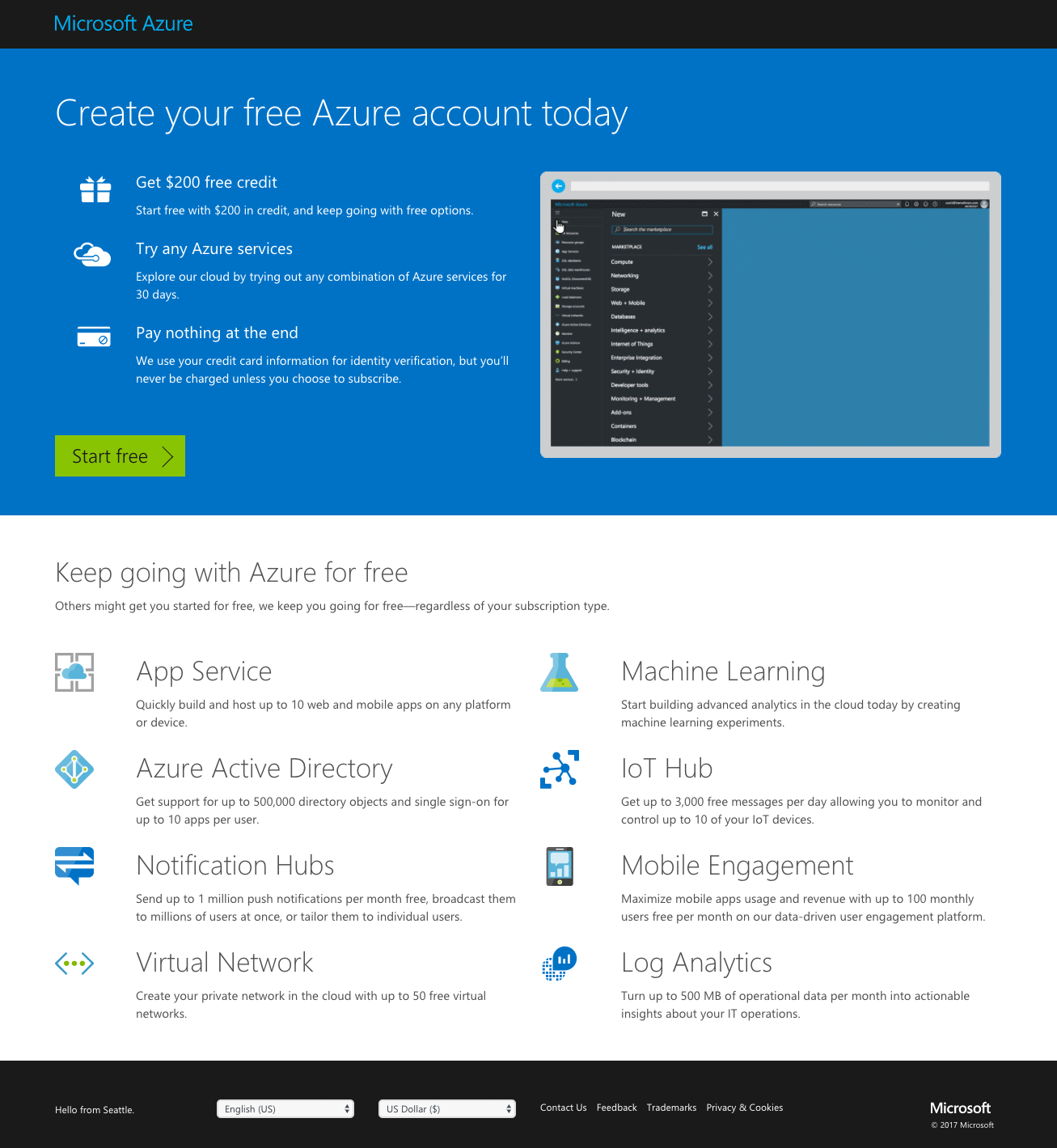 Cont Azure pe pagina de destinație post-clic Microsoft