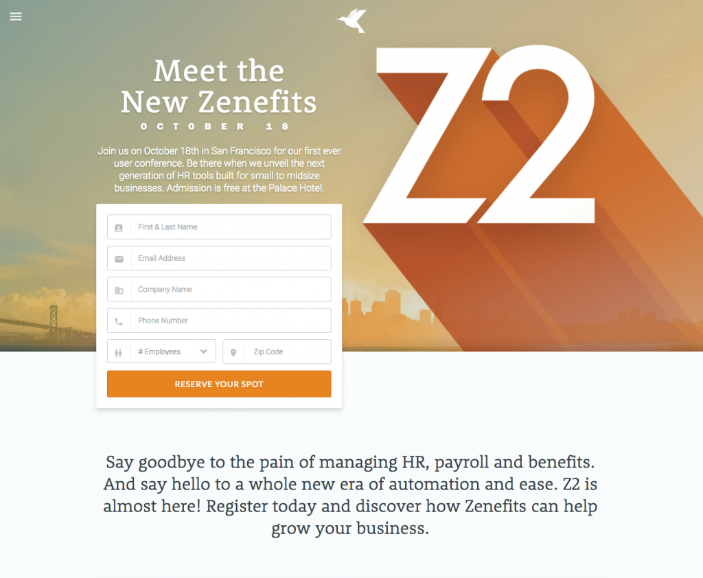 Zenefits 营销第 2 步 - 点击后登陆页面