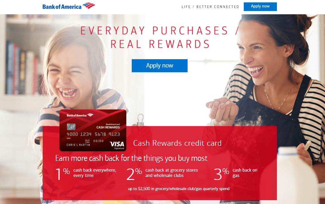 halaman arahan pasca-klik kartu kredit Bank of America