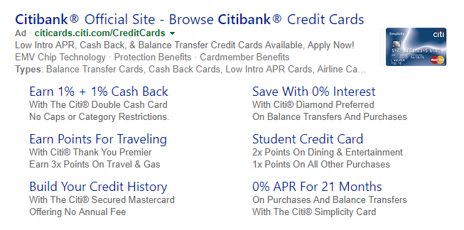 halaman arahan pasca-klik kartu kredit iklan Citibank