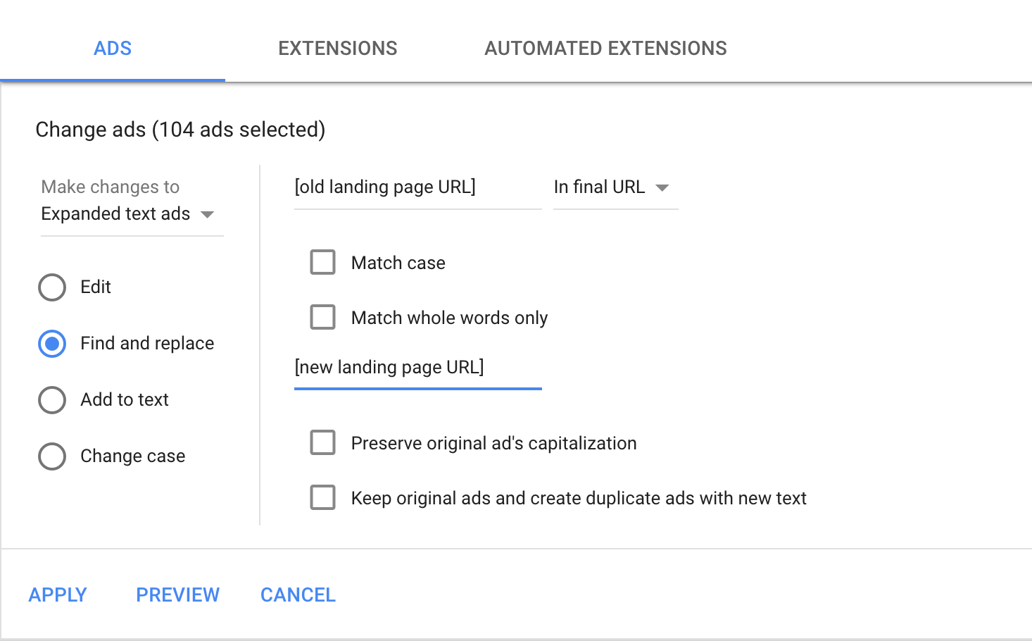 Experiências de campanha do AdWords localizar substituição