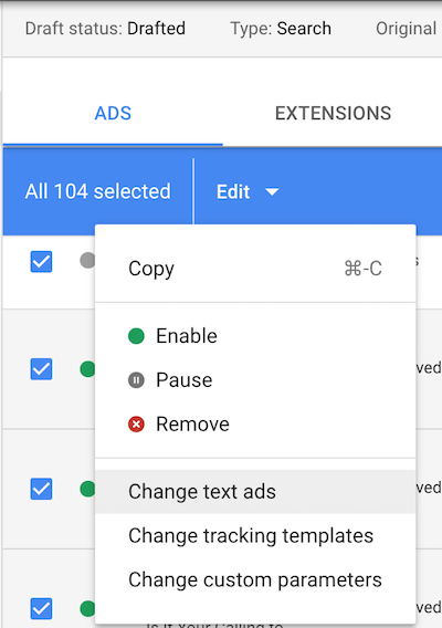 As experiências de campanha do AdWords alteram os anúncios de texto