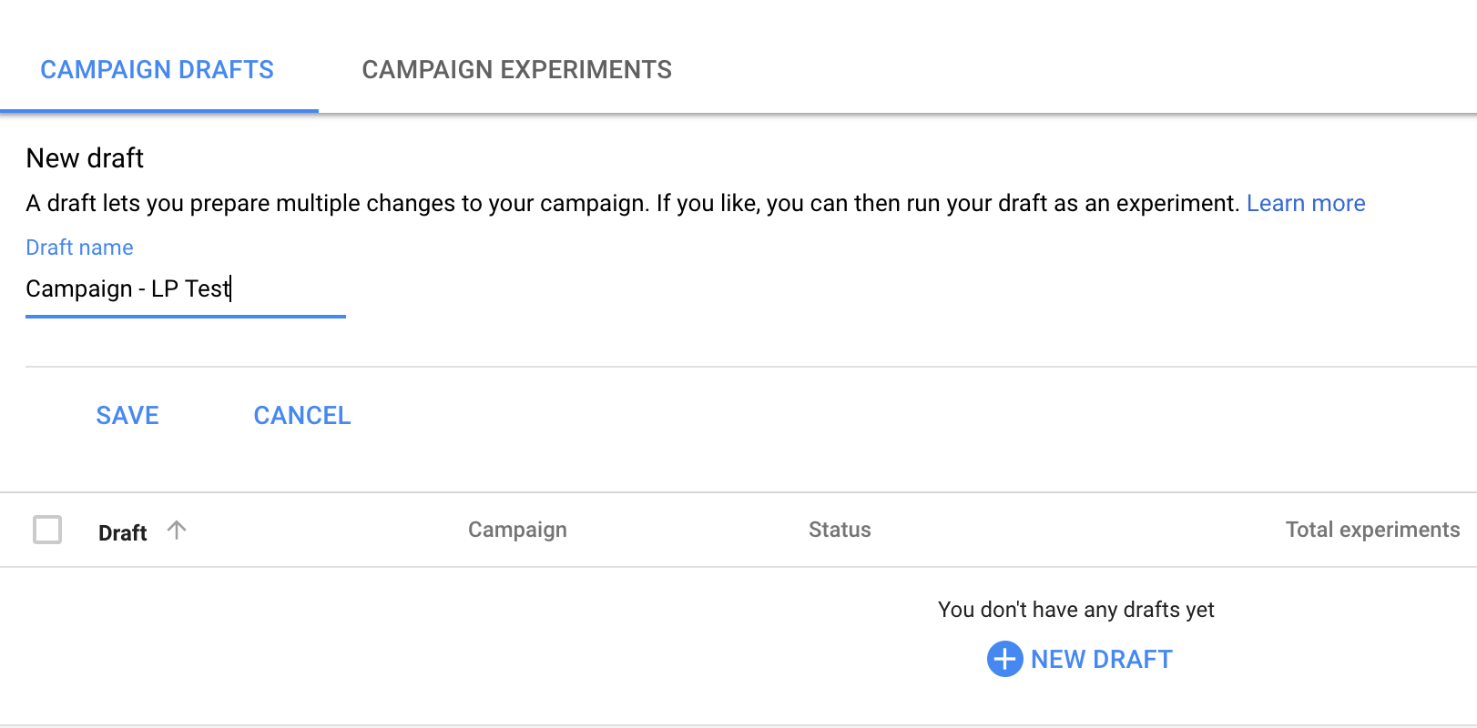 Nome do rascunho dos experimentos de campanha do Google AdWords