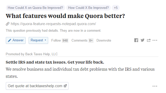 Página de perguntas dos anúncios do Quora