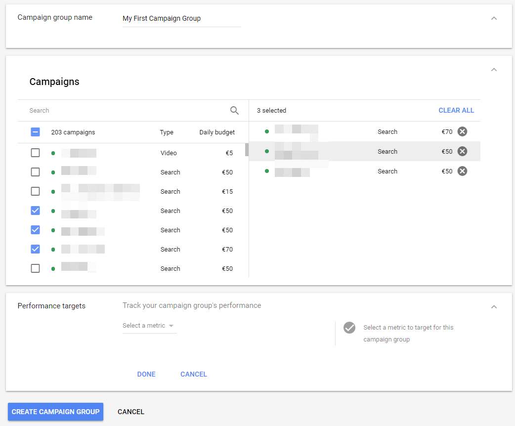 Campanhas selecionadas de metas de desempenho do AdWords