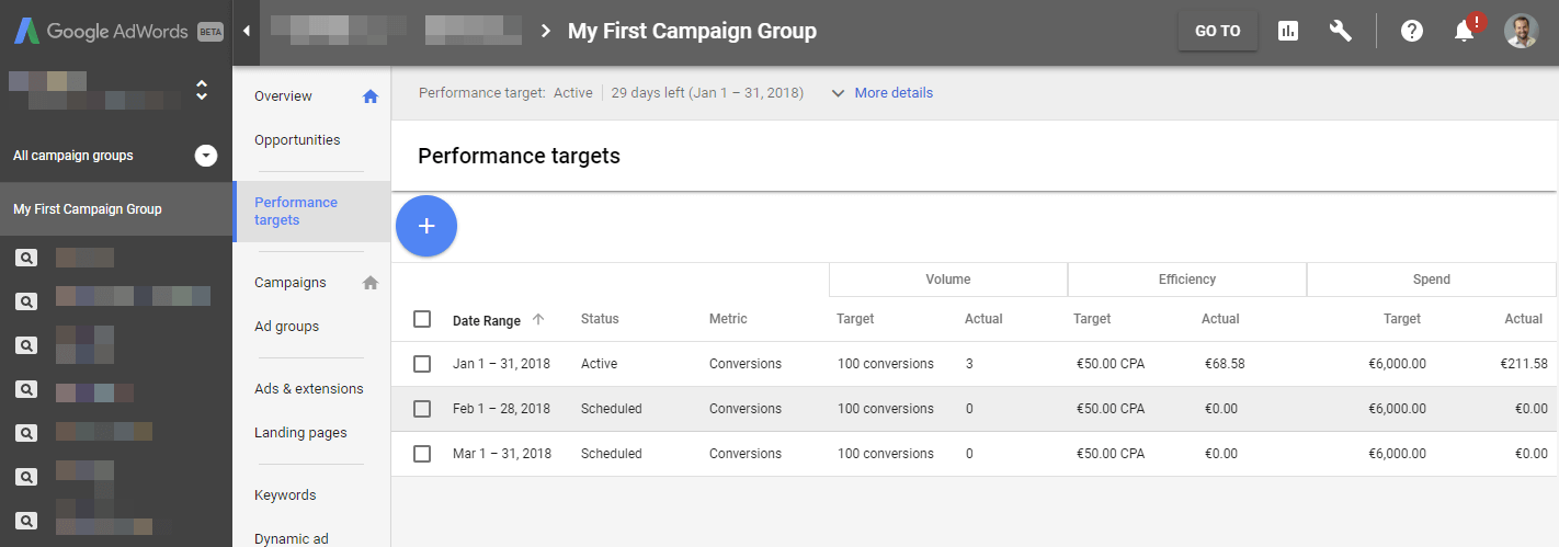 Edição de metas de desempenho do AdWords