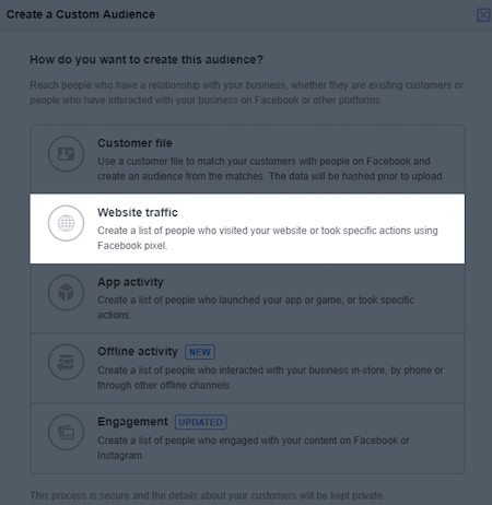 Opción de tráfico del sitio web de retargeting de Facebook