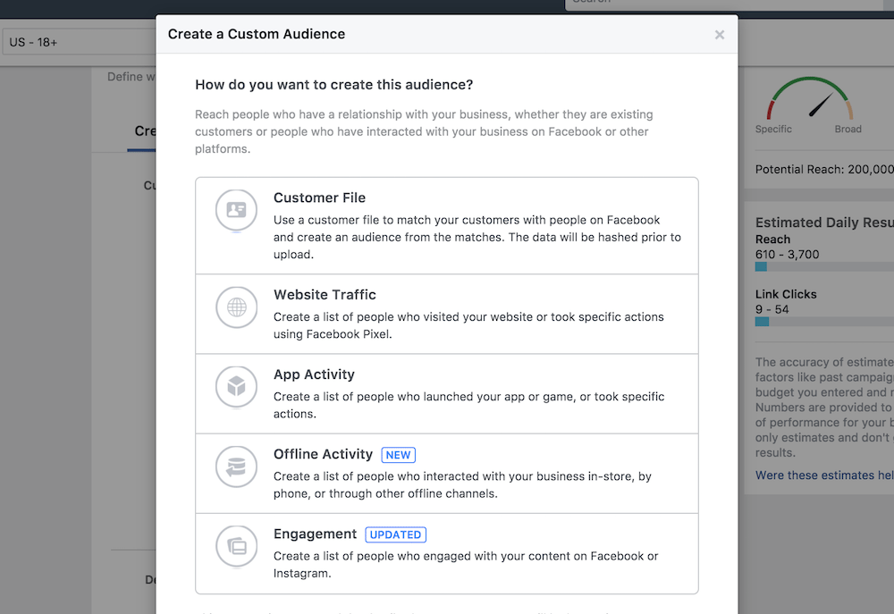 Opciones de audiencia personalizada de retargeting de Facebook