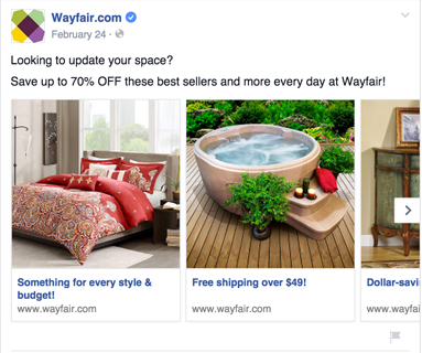 Карусельная реклама Facebook Wayfair