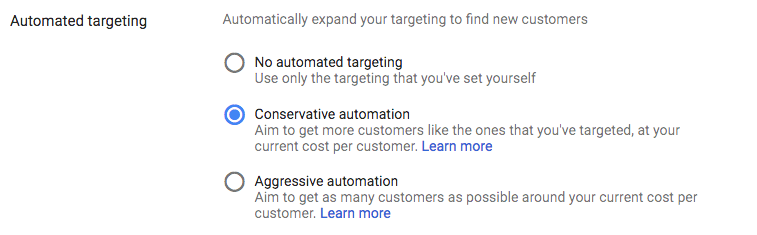 sélectionner le ciblage automatisé dans la campagne de publicité display Google Ads