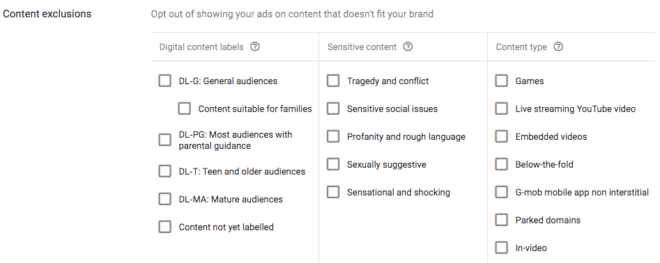 sélectionner des exclusions de contenu dans la campagne de publicité display Google Ads