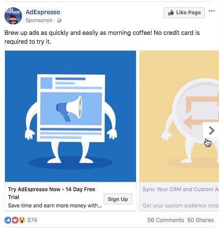 Gif of AdEspresso's Facebook carousel ad including relevant images