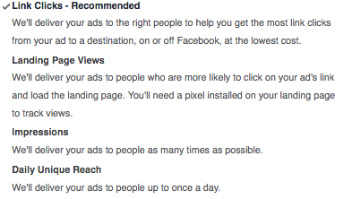 Screenshot showing the Optimization for Ad Delivery options on Facebook