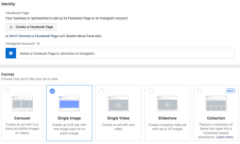 Screenshot showing Facebook's ad format options