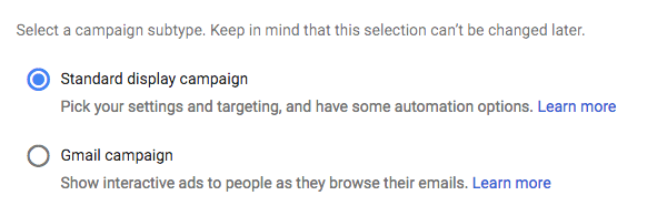 sélection d'un sous-type de campagne dans Google Ads