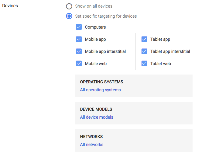 sélection d'appareils dans la campagne de publicité display Google Ads