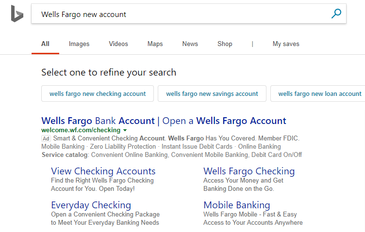 Anunț de căutare Bing pe pagina de destinație după clic Wells Fargo