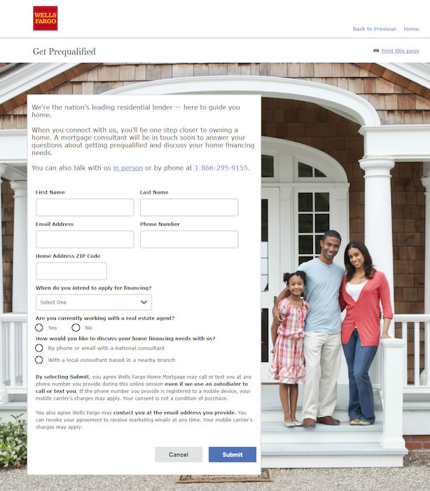 Precalificarea creditului ipotecar Wells Fargo după clic pe pagina de destinație