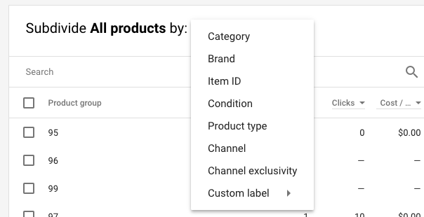 Grupos de produtos das campanhas do Google Shopping