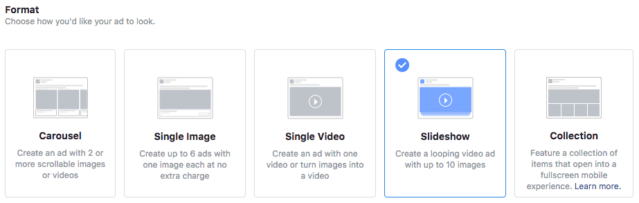 Facebook 幻灯片格式选择