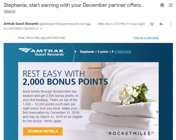 oferta de e-mail Amtrak de marketing de hospitalidade