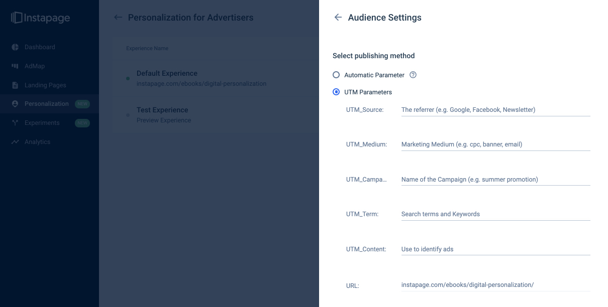 Instapage Kişiselleştirme UTM kitleleri