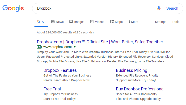 Пример домашней страницы рекламного объявления в поисковой рекламе Dropbox