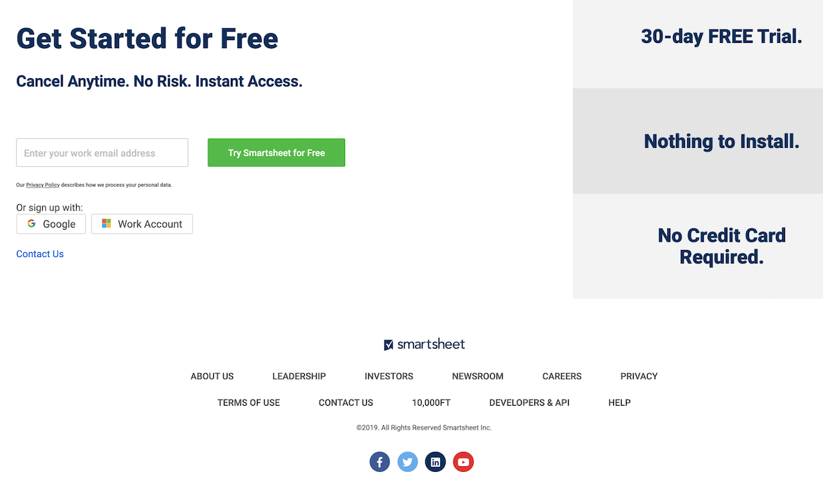 Pagina de înscriere Smartsheet