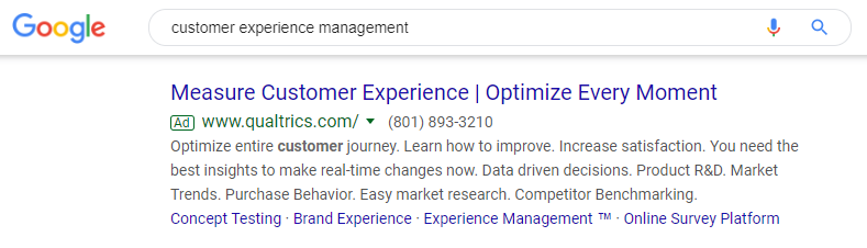 Пример рекламного объявления Qualtrics в платном поиске