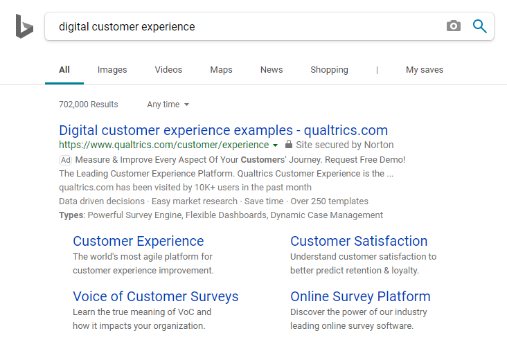 Пример поискового объявления Qualtrics Bing