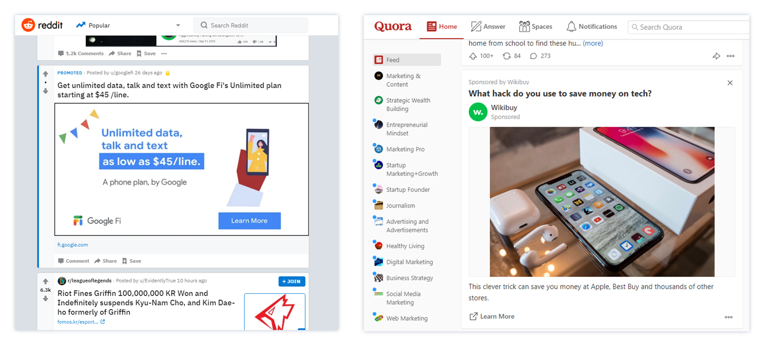 Reddit 广告与 Quora 广告比较