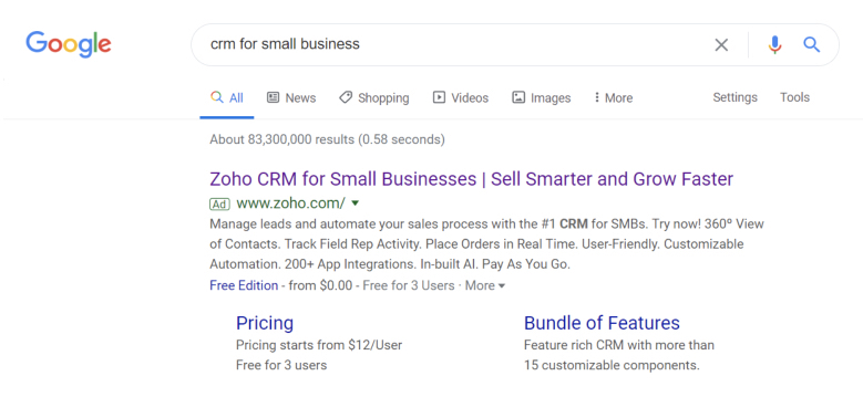 Пример платного поиска Zoho CRM Google