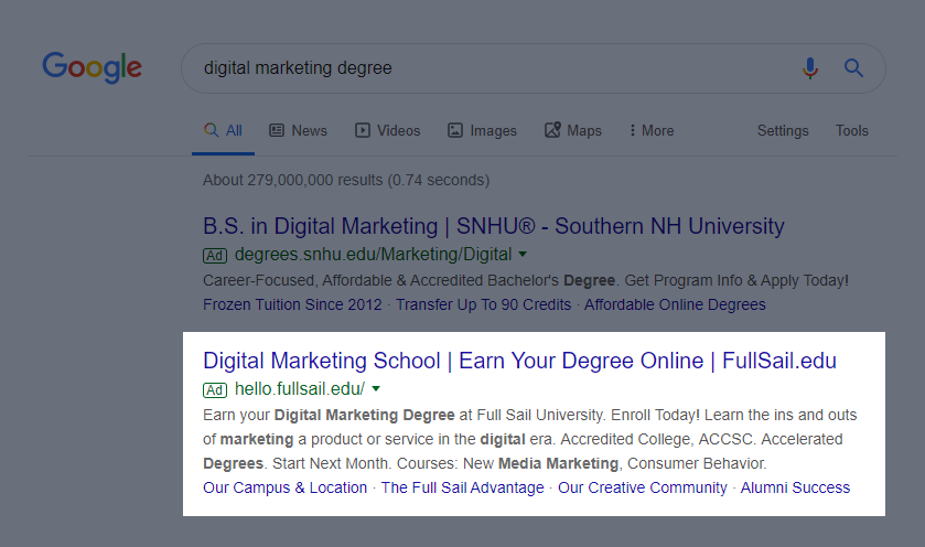 Пример платного поиска в цифровом маркетинге Full Sail University