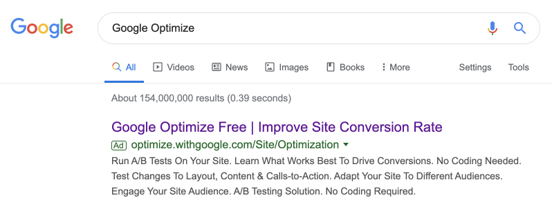 Exemplu de anunțuri plătite Google Optimize