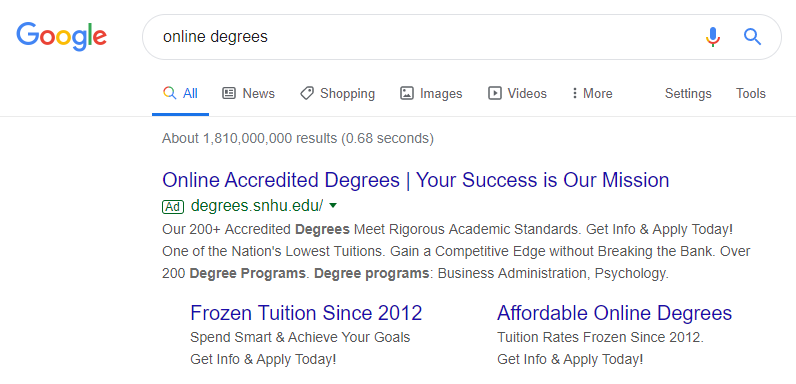 SNHU 在线学位 Google 搜索广告