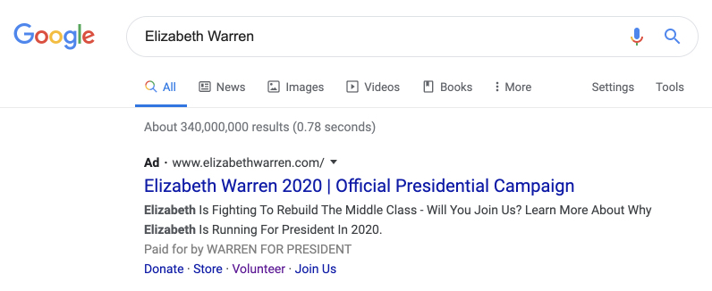 Elizabeth Warren 付费搜索广告示例