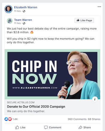 Elizabeth Warren Facbook 广告捐赠筹款