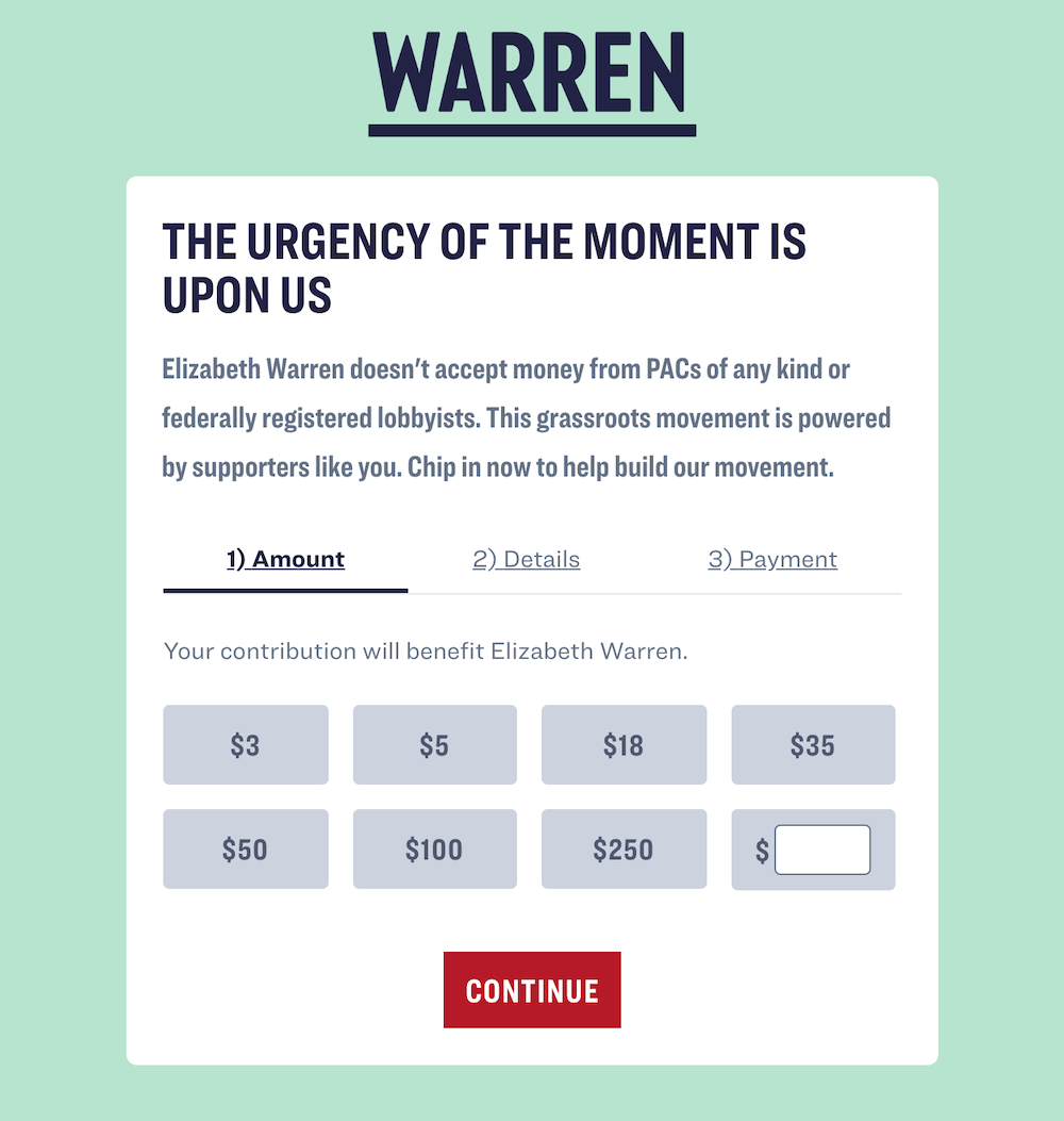 Elizabeth Warren Facebook 捐款页面