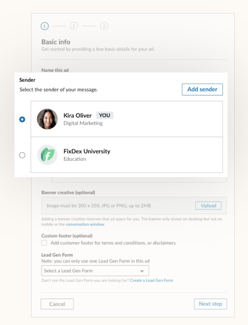 LinkedIn Conversation Ads выберите отправителя