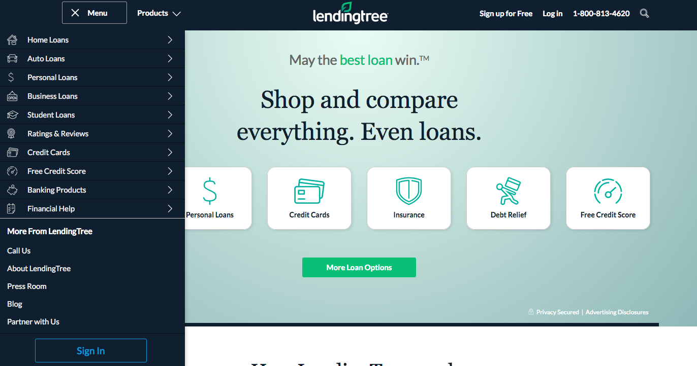 Выпадающее меню главной страницы LendingTree