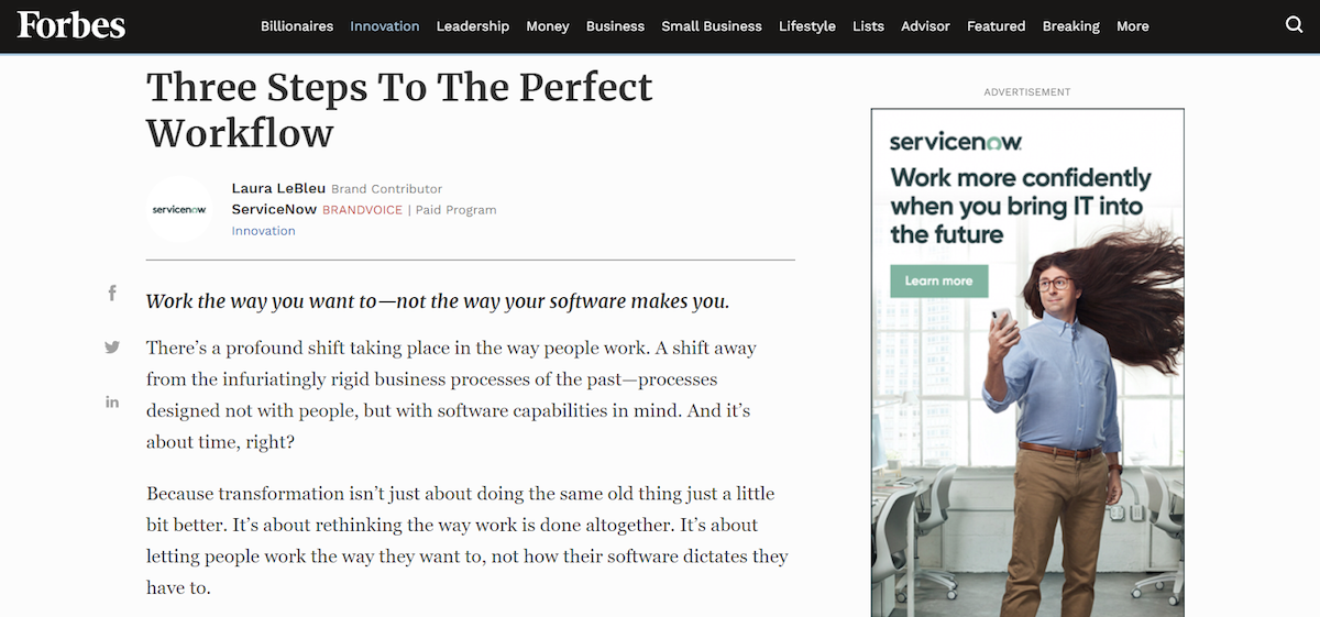 コンテンツ広告 Forbes ネイティブの例 ServiceNow