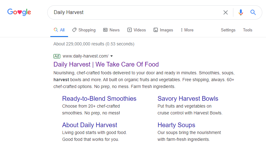 Ricerca Google con marchio Daily Harvest